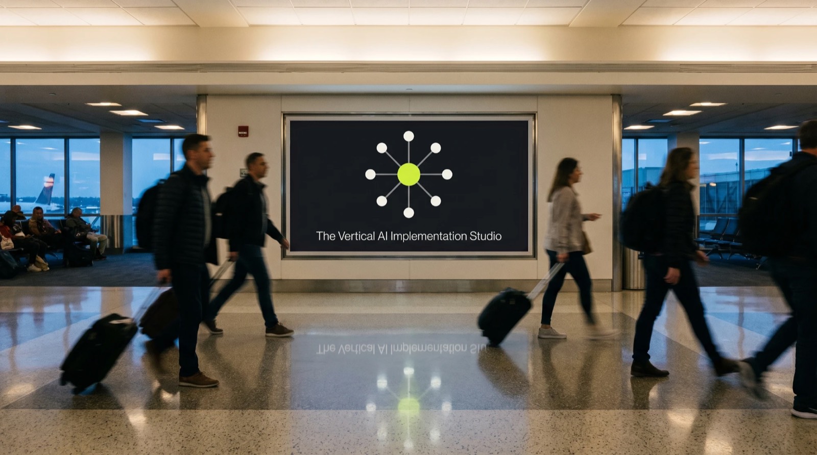 The IAW mark on an airport concourse screen