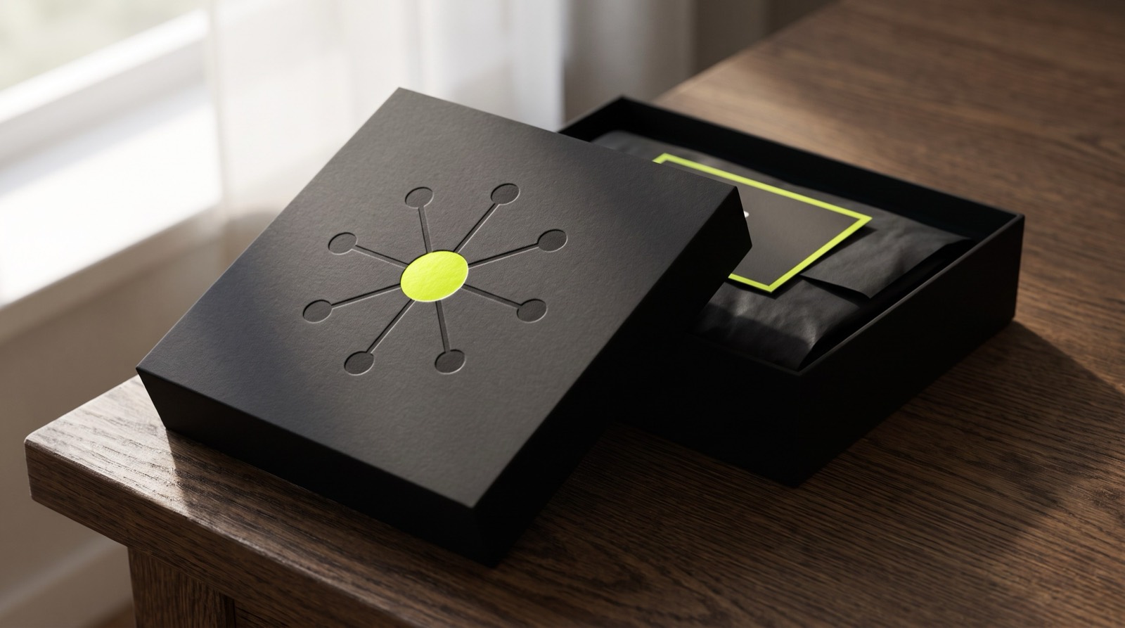 A matte-black gift box embossed with the IAW hub mark — brand visual