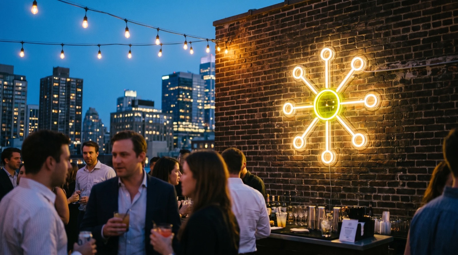 A neon IAW mark at a rooftop event